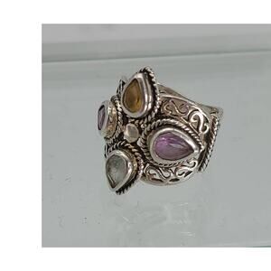 Vintage 925 Sterling Silver Colorful Glass Crystals Stunning Filigree Ring Sz 7